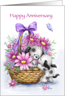 Cute dogs with beautiful flower basket, happy anniversary for wife. card