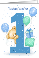 Cute bear popping with balloons and birthday presents for 1 year old. card