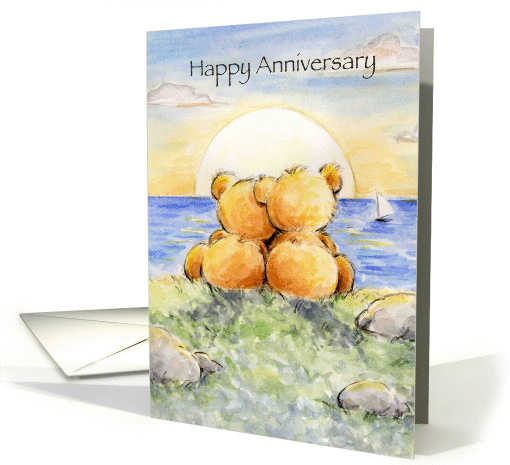 Loving couple bear watching sunset at sea, anniversary card. card