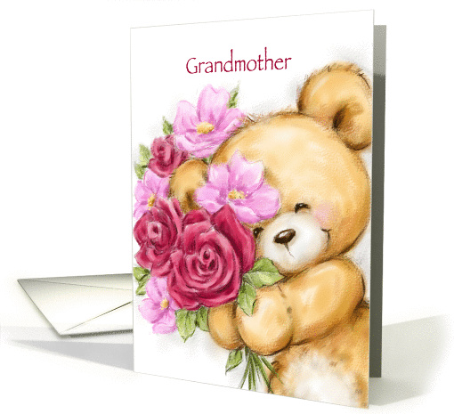 Lovely bunch of flowers and cute bear, birthday for grandmother. card