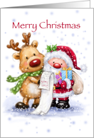 Reindeer & Santa reading list of christmas presents,Merry Christmas. card
