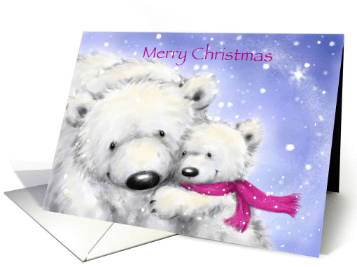 Polar cub nestling her mother in snow flakes for christmas time. card