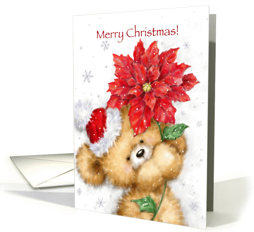 Cute bear with Santa's hat holding poinsettia, Merry Christmas. card