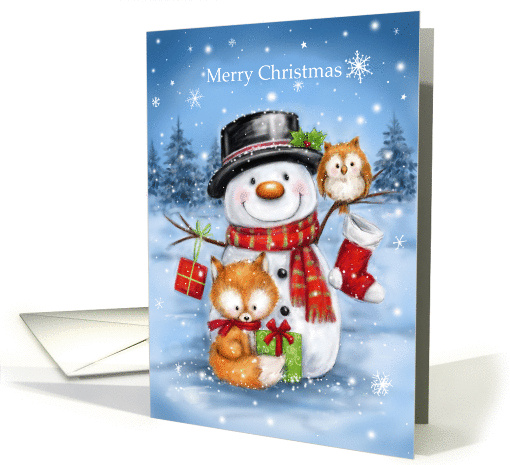 Christmas greeting from cute santa,fox and owl in snow scene. card