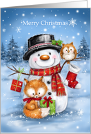 Christmas greeting from cute santa,fox and owl in snow scene. card