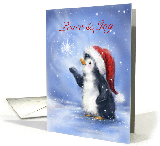 Cute penguin with Santa's hat catching snowflake, peace & joy. card