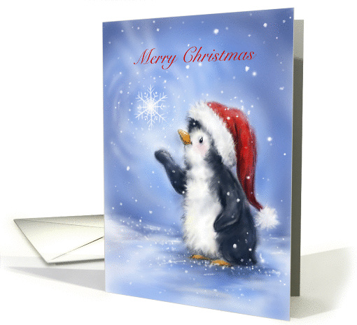 Cute penguin with Santa's hat catching snowflake, Merry... (1448160)