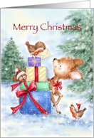 Three cute robins preparing Christmas present for deer friend in wood. card