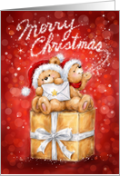 two bears sitting on Christmas present with letter & blowing stars. card
