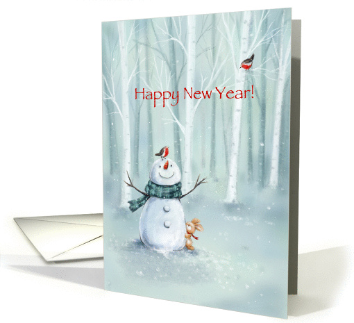 Cute snowman with rabbit & robins, cerebrating Happy New... (1460590)