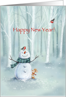 Cute snowman with rabbit & robins, cerebrating Happy New Year in wood. card