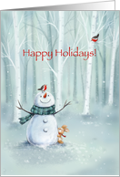 Cute snowman with friends, cerebrating Christmas holidays in woodland. card