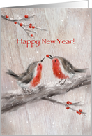 Two robins on snowy branch, passing berry to another. Happy New Year. card