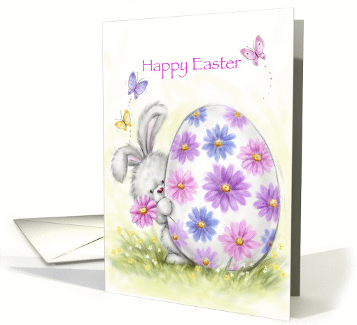 Cute rabbit with flower peeping around a big painted easter egg. card