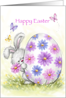 Cute rabbit with flower peeping around a big painted easter egg. card