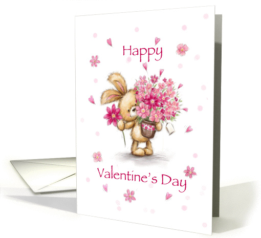 Cute rabbit with a pot of flowers, Happy Valentine's Day. card