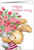 Cute rabbit holding a bunch of flowers to Mom, happy mother’s day. card