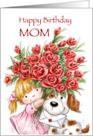 Cute girl and dog holding a bunch of red roses for mother’s Birthday. card