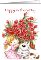 Cute girl and dog holding a bunch of red roses for Mother’s day. card