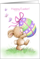 Cute easter rabbit holding a big painted egg with ribbon, Happy Easter card