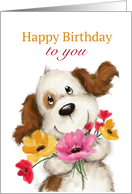 A cute dog with colorful flowers for birthday card