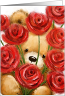 Close up bear peeking through lots of red roses,Happy Birthday! card