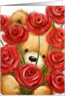 Close up bear peeking through lots of red roses,missing you Valentine card