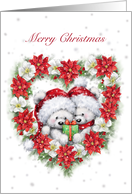 Close up couple bear cuddling in Christmas wreath, merry christmas card