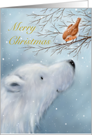 Furry white polar bear looking at cute robin on tree, Merry Christmas Friend card