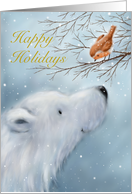 Furry white polar bear looking at cute robin on tree, Happy Holidays card