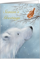 Furry white polar bear looking at cute robin on tree,season’s greeting card