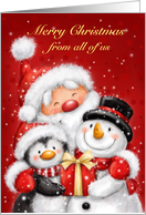 Cheerful Santa,snowman & penguin greeting for Christmas season card