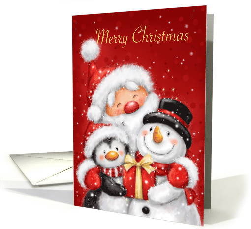 Cheerful Santa,snowman & penguin greeting for Christmas season card