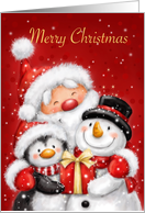 Cheerful Santa,snowman & penguin greeting for Christmas season card