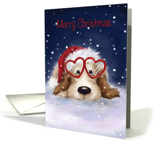 Cute dog wearing red heart shaped glasses, merry christmas card