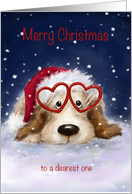 Cute dog wearing red heart shaped glasses, merry christmas loved one card