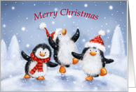 Cheerful penguins dancing in snow,Merry Christmas from all of us! card