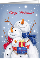 Cheerful snowman family in snow to celebrate Christmas time. card