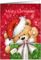 Lovely bear with Santa’s hat saying HI with big Christmas present. card