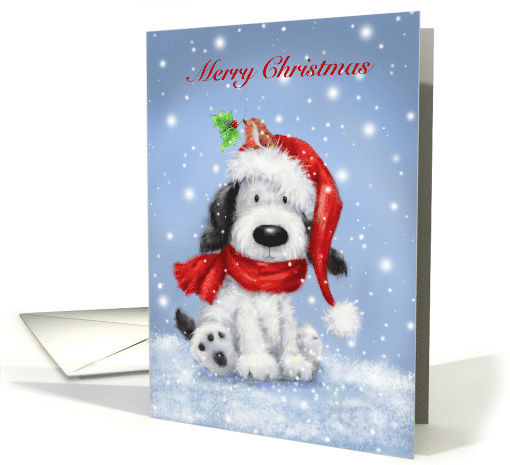 Lovely dog with robin on the Santa's hat greeting Merry christmas card