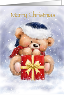 Sweet bear cuddling with red scarf behind big present, Merry Christmas card