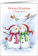 Two cute snowmen couple with Santa’s hat , Merry Christmas both of you card