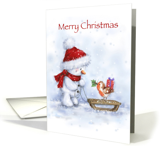 Cute snowman with Santa's hat and robin on sleigh, merry... (1492736)