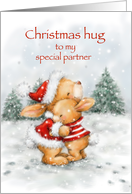 Cute rabbits with Santa’s hat cuddling,christmams hug to my partner card