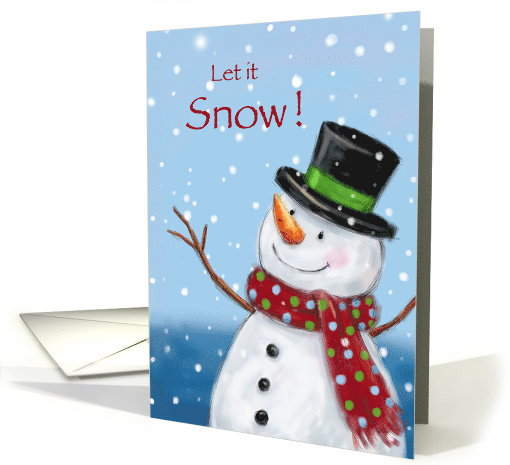 Snowman with hat and colorful scarf enjoying, let it snow card