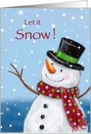 Snowman with hat and colorful scarf enjoying, let it snow card
