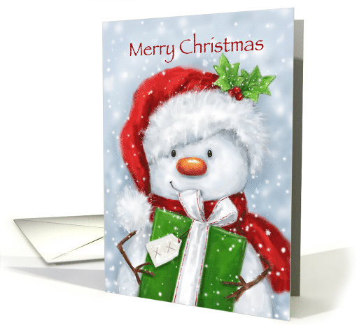 Snowman with Santa's hat holding big green present,Merry... (1492760)