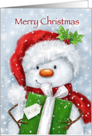 Snowman with Santa’s hat holding big green present,Merry Christmas card