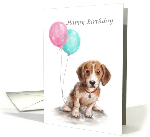 Puppy sitting with pink & blue green balloons for Happy Birthday card