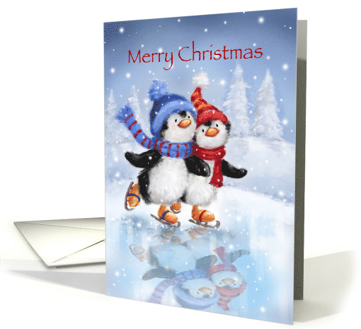 Penguin couple skating together in icy snow scene, to both of you card
